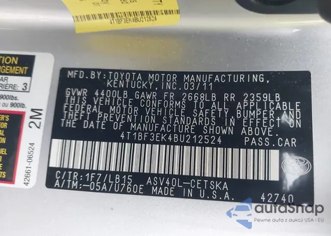 2011 Toyota Camry Se z USA, uszkodzony, nr VIN 4T1BF3EK4BU212524
